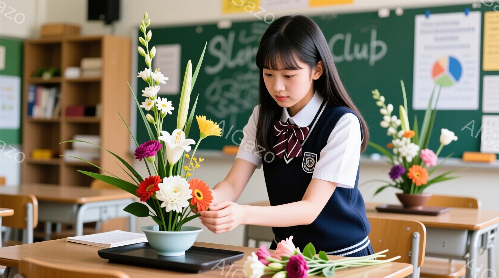 紺色のブレザーに身を包んだ女子学生が、教室で花を生けている。彼女は茶色の前髪を下ろし、サイドの髪を耳にかけるヘアスタイルで、集中した表情で花を見つめている。背景には、黒板や机、本棚が見え、明るく整頓された教室の雰囲気が漂っている。