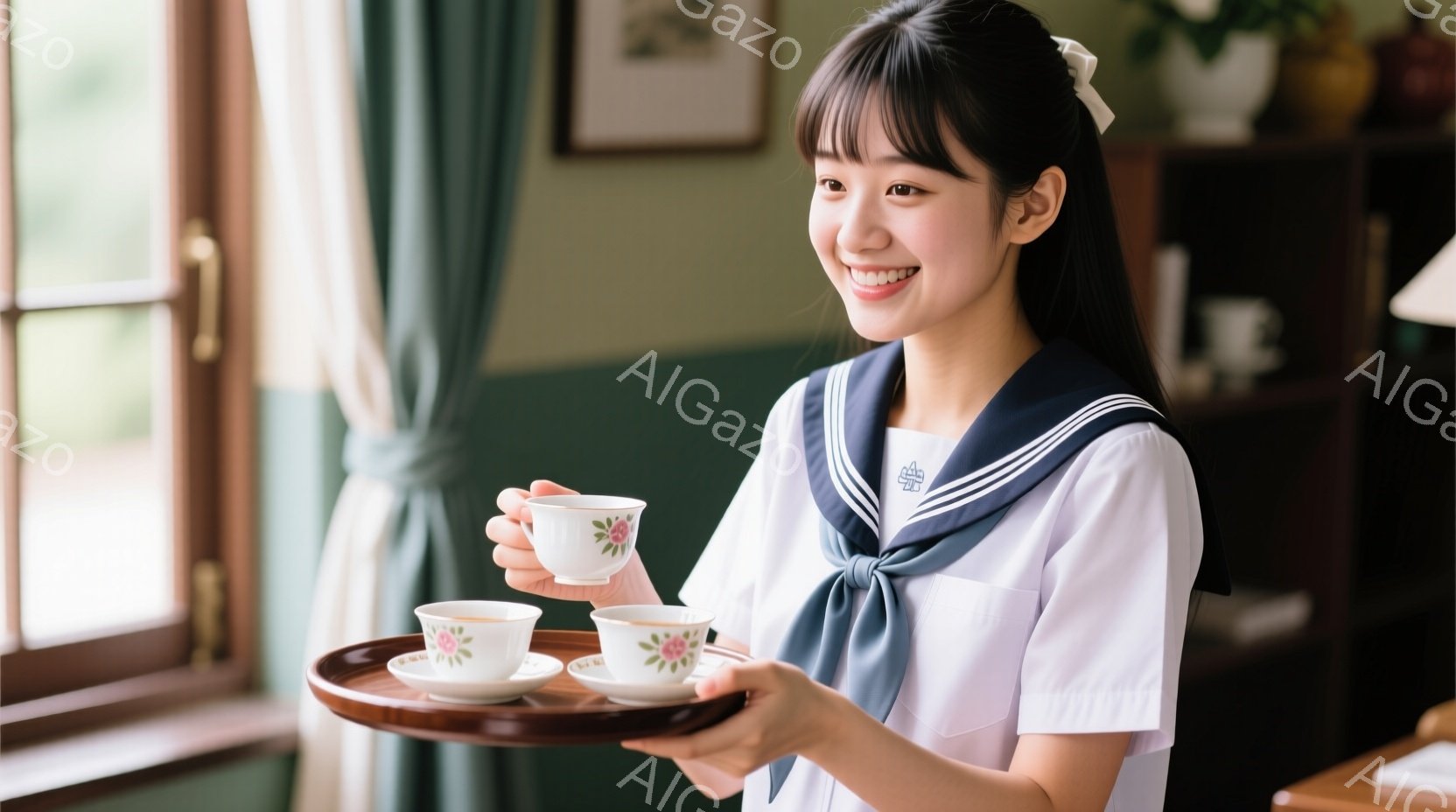 明るい笑顔を浮かべた若い女性が、窓辺で茶碗を乗せた盆を手にしている。紺色のリボンがアクセントの白いブラウスと、整ったヘアスタイルが印象的で、優雅な雰囲気を醸し出している。背景には窓から差し込む光と、落ち着いた色の家具が見え、温かく穏やかな空間を演出している。