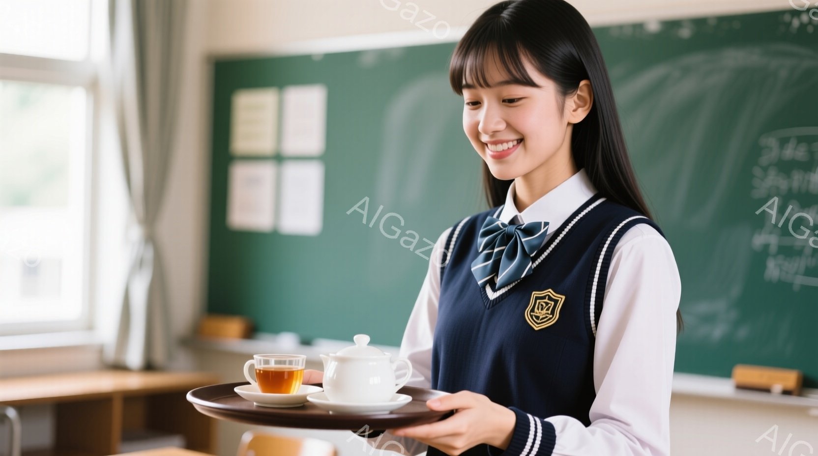 茶色の制服を着た若い女性が、ティーポットとティーカップを載せたトレイを持って微笑んでいます。彼女は長い黒髪で、前髪は整えられています。背景は教室で、黒板には文字が書かれており、全体的に明るく、温かい雰囲気が漂っています。