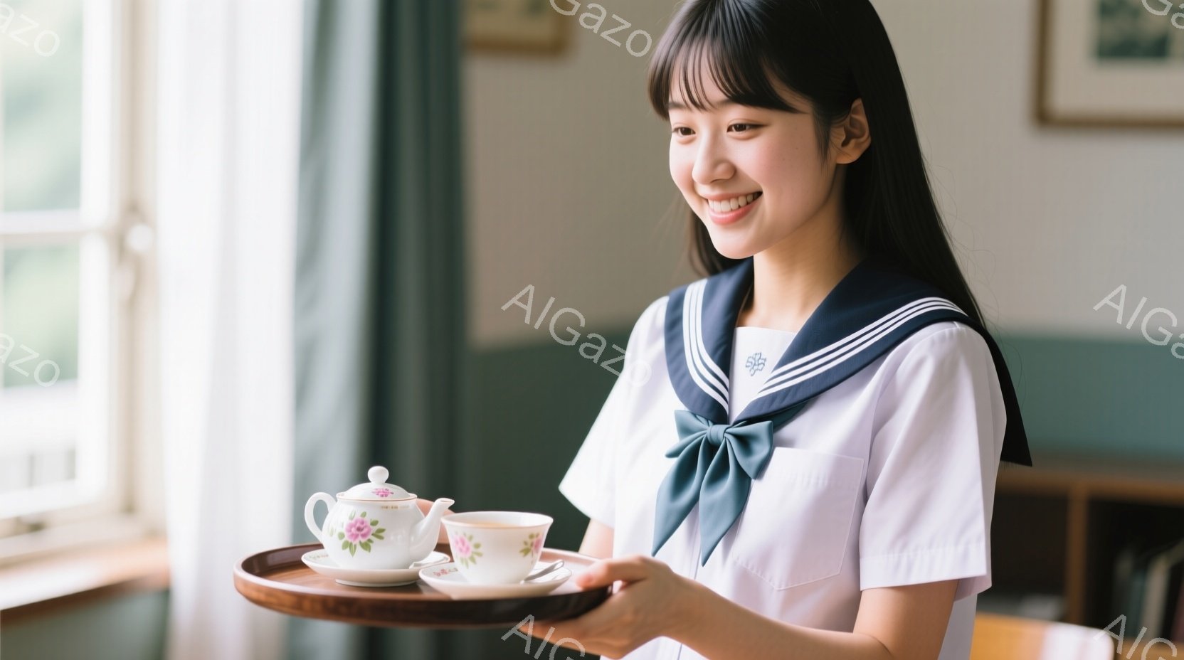 明るい室内で、若い女性がティーセットを運んでいる。白いブラウスに紺色のリボンとスカーフを合わせた制服を着ており、微笑みを浮かべ、髪は肩までの長さで、前髪はふさふさとしている。背景には木製のキャビネットが見え、温かく落ち着いた雰囲気が漂っている。