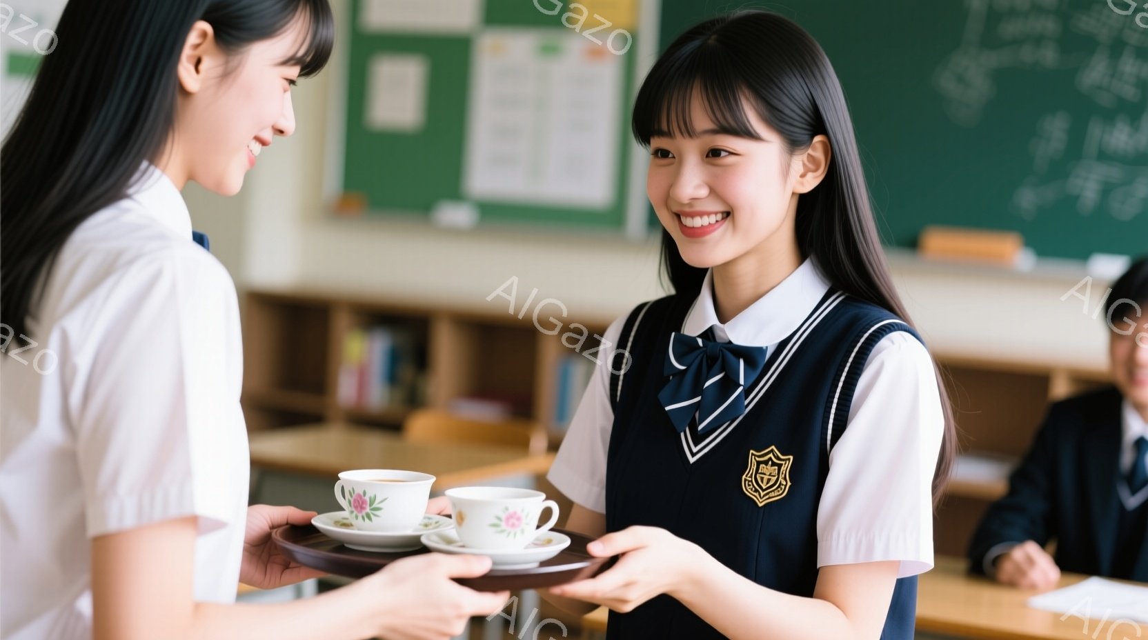 制服を着た女子生徒が、トレイに乗った湯呑みを別の女子生徒に差し出している場面です。笑顔で前かがみになり、丁寧な仕草で湯呑みを渡しています。教室の黒板や机が背景に写り、温かく穏やかな雰囲気が漂っています。