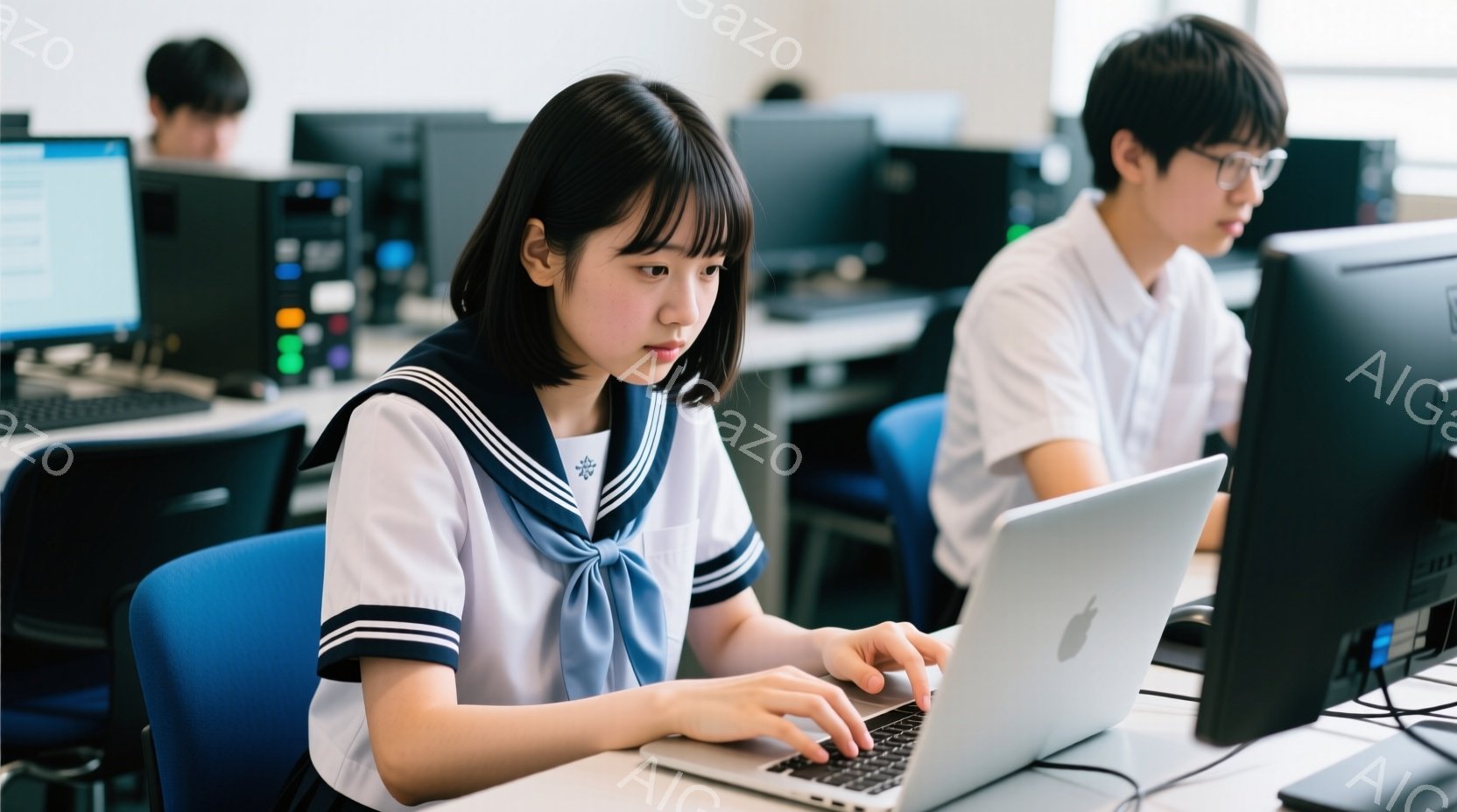 制服を着た女子学生がノートパソコンを操作している様子が写っています。彼女は紺色のリボンとセーラーカラーの白いブラウスを着ており、前髪を下ろした黒髪が特徴的です。背景には他の生徒たちがコンピューターに向 - AI生成フリー素材