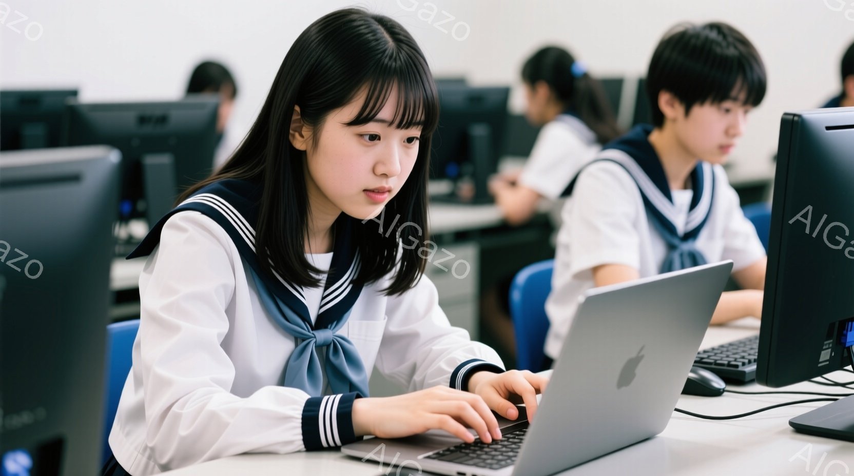制服を着た女子生徒が、グレーのノートパソコンを使ってタイピングをしている。彼女は黒髪で前髪を揃え、集中した表情で画面を見つめている。背景には他の生徒たちとコンピューターが並び、明るい室内で授業が行われている様子が窺える。