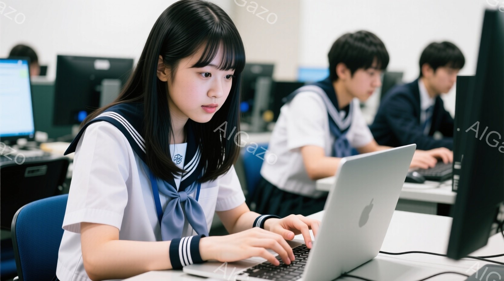 制服を着た女子高生がパソコンに向かってタイピングをしている。彼女は肩までの黒髪で、前髪は眉毛にかかるようにカットされている。背景には他の制服を着た男子生徒がパソコン作業をしており、室内は明るく、コンピューター教室のような雰囲気である。