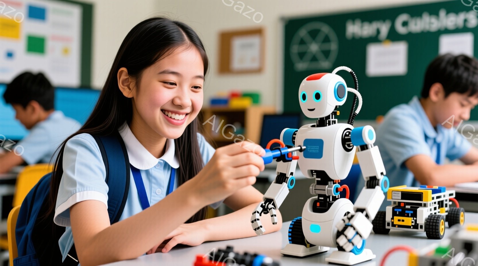 少女は明るい表情で、組み立て中のロボットに集中している。青いシャツに紺色のベスト、肩にはリュックサックを背負っている。背景は教室で、他の生徒やカラフルな教材が見え、全体的に活気のある学習の雰囲気が漂っている。