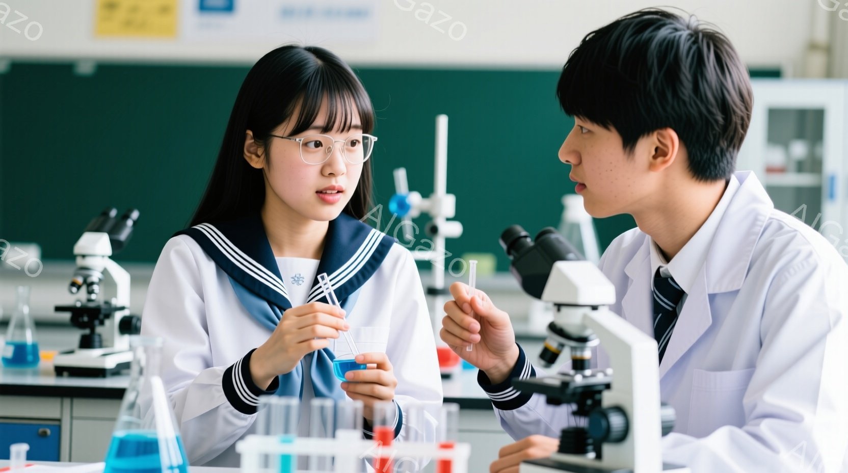 研究室で若い男女が実験を行っている様子が写っている。女性は紺色のセーラー服を着ており、長い黒髪を肩まで伸ばしている。男性は白衣を着ており、女性と向き合いながら試験管を手に何かを説明しているように見える。