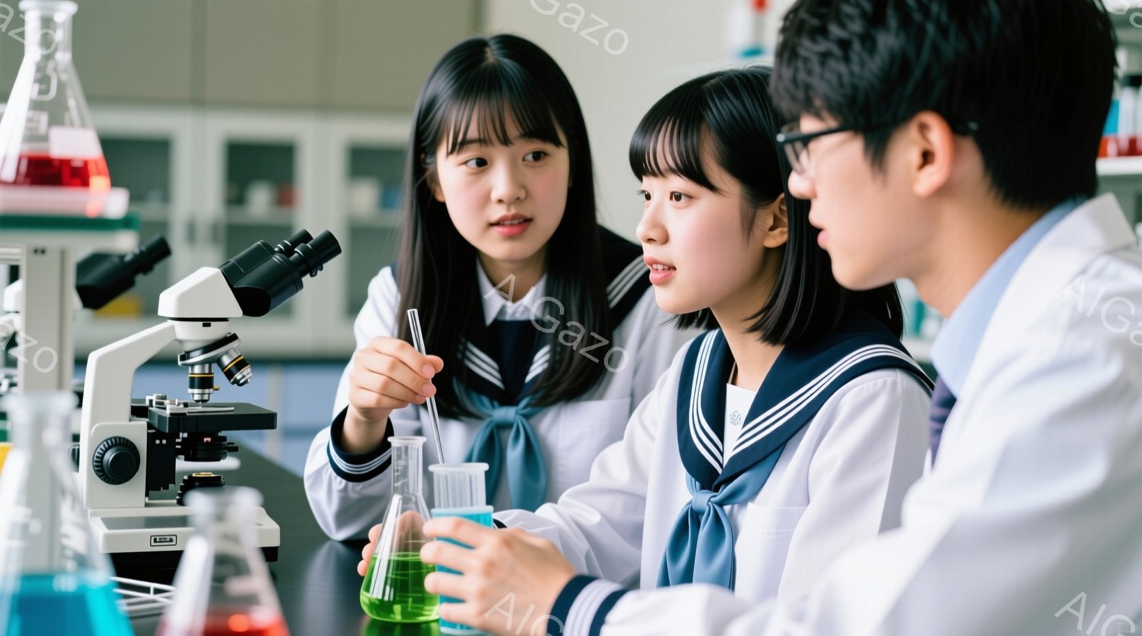 白衣を着た女子生徒と男子生徒が、実験室で顕微鏡と試験管を見ながら会話しています。女子生徒は短い髪で、試験管を指差し、真剣な表情で何かを説明しています。背景には、様々な実験器具や試薬が並び、科学的な研究 - AI生成フリー素材