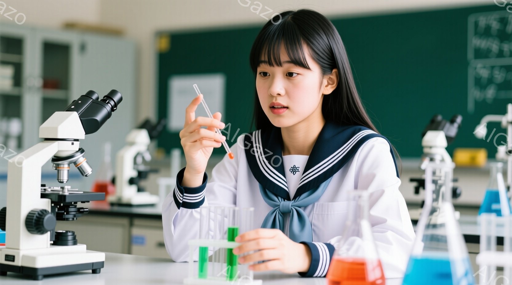 制服姿の若い女性が舞台中央で両手を広げて立っている。彼女は濃い青色のスカートと白いブラウス、そして赤いリボンが特徴的なセーラー服を着ており、長い髪は後ろで結ばれている。舞台は暗く、スポットライトが彼女を照らし出し、その表情は自信に満ち溢れている。