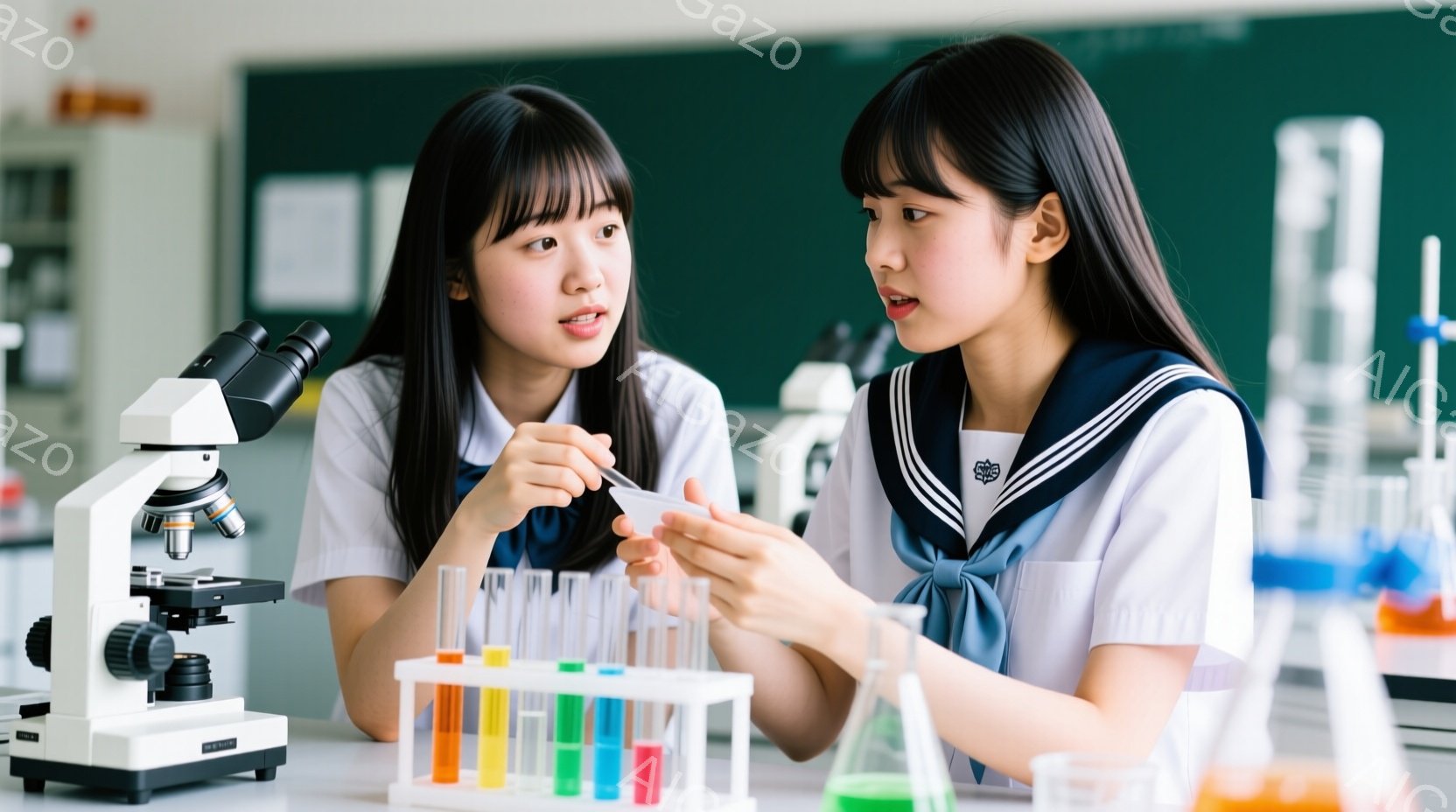 2人の女子高生が実験室で実験を行っている様子が写っている。制服姿で、一人は顕微鏡の横で試験管を見つめ、もう一人は何かを手に持ち、興味深そうに話している。背景には実験器具やフラスコが並び、明るく清潔な実験室の雰囲気が感じられる。