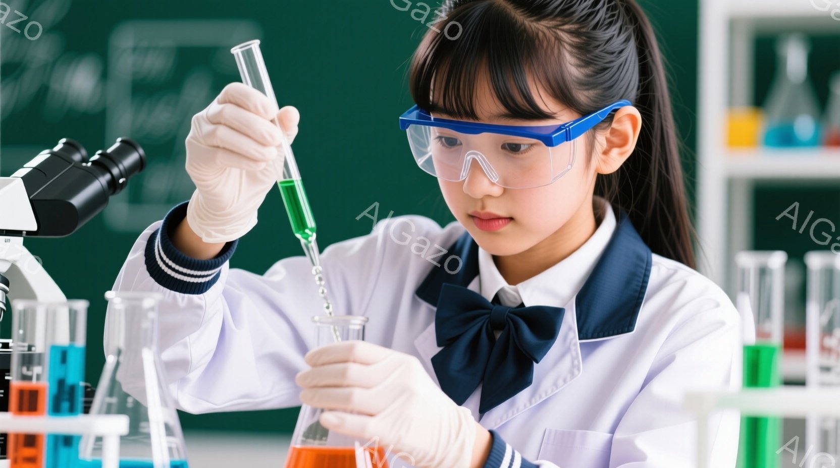 若い女性が実験室で試験管を扱っている様子が描かれています。彼女は白い実験着と紺色のリボンを締め、保護メガネをかけて集中した表情で試験管から別の試験管に緑色の液体を移し替えています。背景には、試験管立てや顕微鏡が見え、科学実験の様子を示しています。