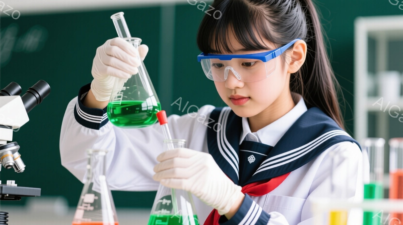 紺色のセーラー服を着た若い女性が写っています。彼女は保護メガネをかけ、白い手袋を着用し、試験管とビーカーを使って実験を行っています。背景には実験器具や緑色の液体が入った他の試験管が見え、科学教室のような雰囲気が漂っています。