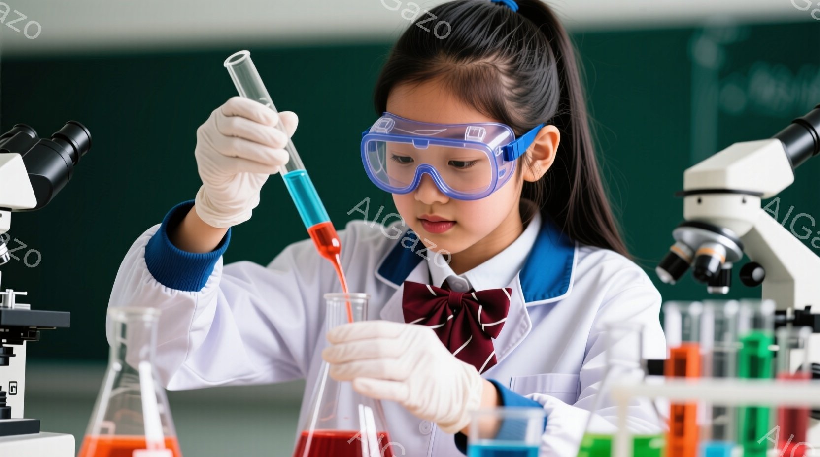 実験室で実験を行う若い女性が写っています。彼女は白衣とネクタイを着用し、保護メガネと手袋を付けています。真剣な表情で試験管に液体を滴下しており、背景には実験器具やカラフルな試験管が並んでいます。