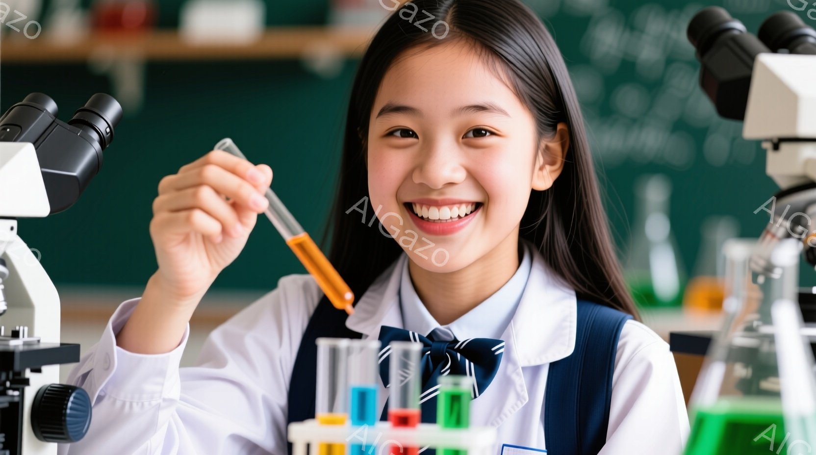 明るい笑顔を浮かべた若い女性が、試験管を持ってカメラを見ている。彼女は白いシャツに濃い青色のネクタイとベストを着ており、長くストレートの黒髪が肩にかかっている。背景には、試験管立てと試験管、顕微鏡などの科学実験器具が見え、研究室または教室のような環境であることがわかる。