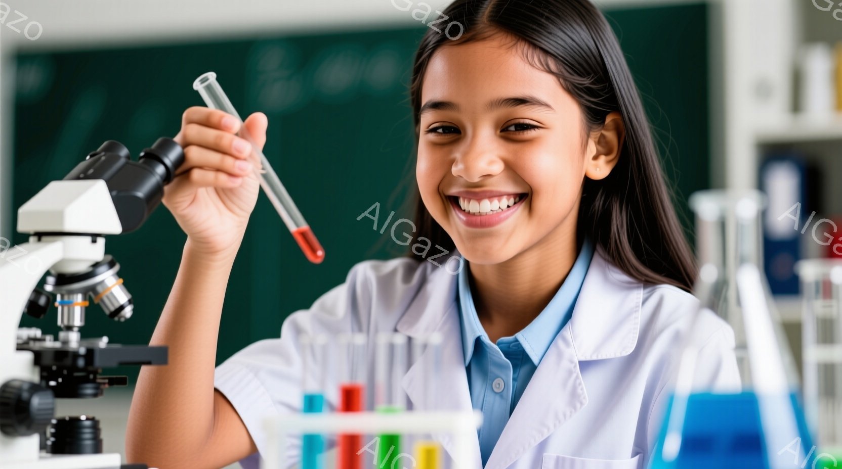 茶髪の少女が実験室で、白い実験着と水色のシャツを着て笑顔で立っています。彼女は片手に赤い液体が入った試験管を持ち上げ、明るい表情でカメラを見ています。背景には顕微鏡や試験管立て、様々な色の液体が入った試験管が並び、科学的な雰囲気が漂っています。