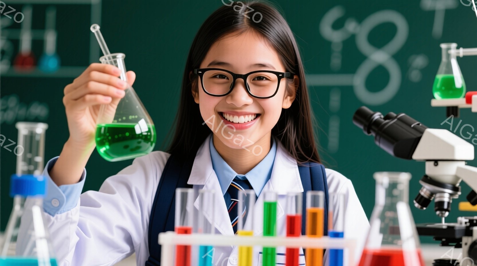 若い女性は、実験室で緑色の液体が入った試験管を高く掲げ、満面の笑みを浮かべている。白衣を着ており、黒縁メガネをかけ、制服のような青いシャツとネクタイを着用している。背景には、さまざまな試験管が並んだ実 - AI生成フリー素材