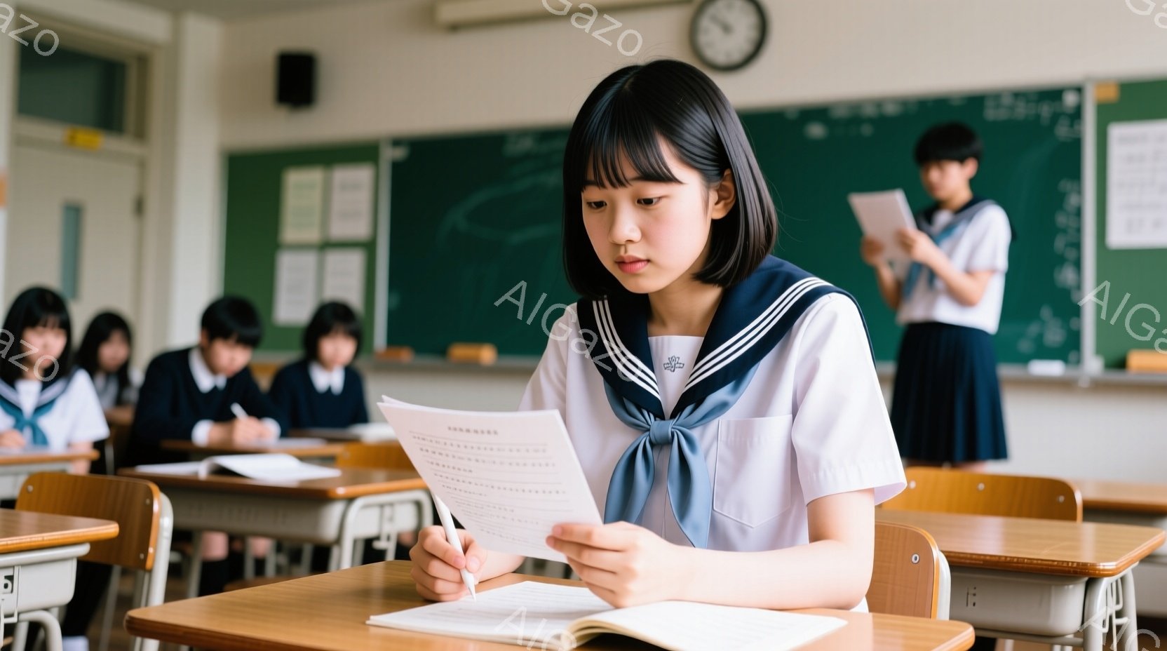 教室で、制服を着た女子学生が教材を熱心に読んでいる。彼女は濃いめの眉と、少し集中した表情で、前髪を短く切ったヘアスタイルをしている。教室には他の生徒もおり、背景には黒板と時計が見える、落ち着いた学習の - AI生成フリー素材
