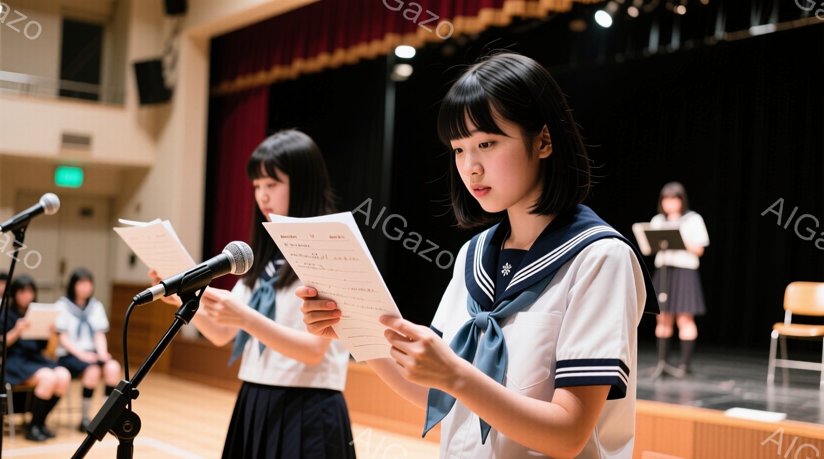 ステージ上で制服を着た女子学生たちが立っている様子が写っています。彼女たちは皆、手元に楽譜を持ち、何らかの発表や朗読を行っているようです。背景は劇場のような場所で、赤い座席とステージ照明が印象的です。