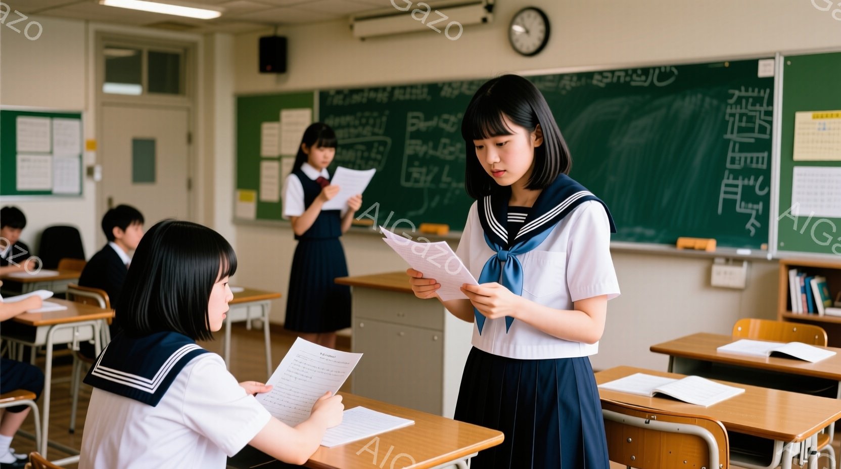 教室の様子で、制服を着た女子学生たちが机に向かい合って何かを読んでいます。彼女たちは紺色のブレザーに白いシャツ、そして赤いリボンを締め、黒髪を肩まで伸ばしたヘアスタイルです。教室の黒板には文字が書かれ - AI生成フリー素材