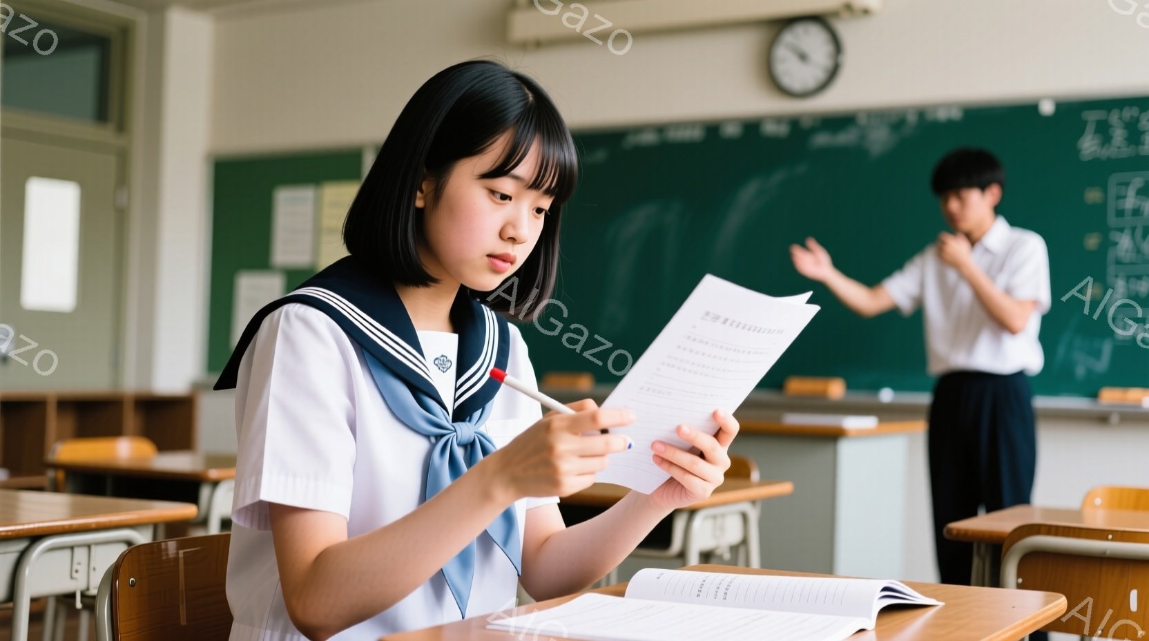 制服を着た女子学生が教室でテストに取り組んでいる様子が写っています。彼女はダークブラウンのショートヘアで、集中した表情で問題用紙を見つめ、鉛筆で解答を考えています。教室には木製の机と椅子が並び、黒板には文字が書かれ、背後には男子生徒が立って何かを説明しているようです。