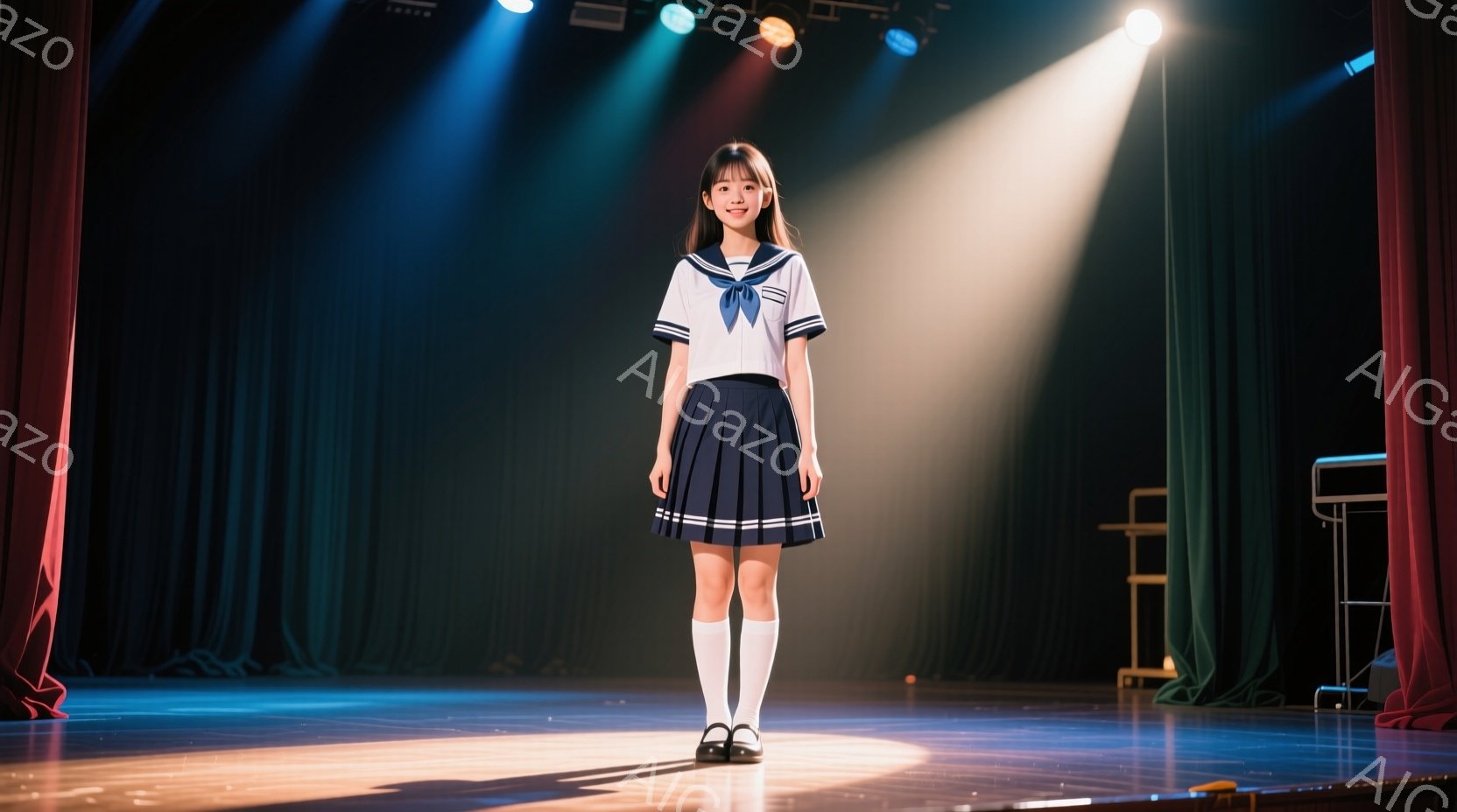舞台中央に立つ女子高生が映っています。彼女は白いブラウスと紺色のプリーツスカート、白いハイソックス、黒いローファーを着用し、笑顔で正面を見つめています。背景は暗い劇場で、赤いカーテンと上からのスポットライトが彼女を照らし、華やかな雰囲気を作り出しています。