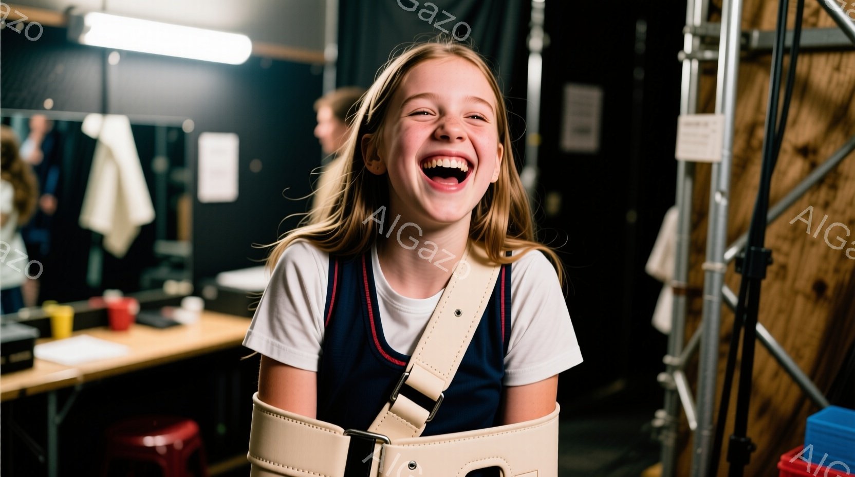 長い金髪を無造作に垂らし、白いTシャツと紺色のベストを着た少女が、大きく口を開けて笑っている。肩に装着された白い保護具が特徴的で、背景には劇場のような舞台裏が見える。活気に満ちた雰囲気で、舞台への期待感や楽しさが伝わってくる。