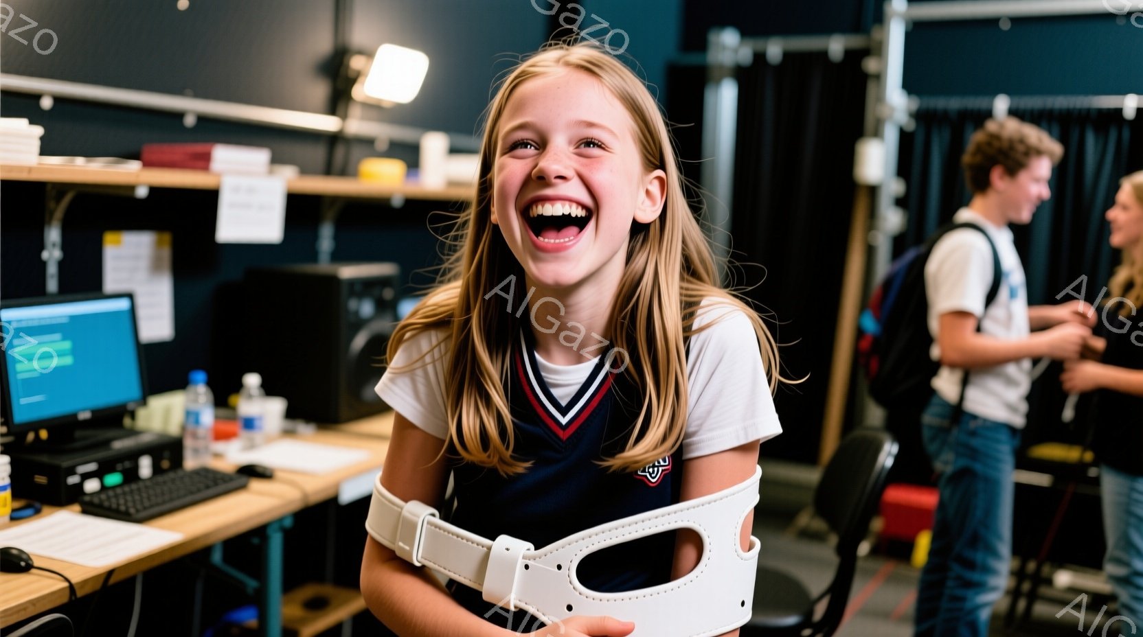 若い女の子が満面の笑みを浮かべている写真です。彼女は白いトリムの紺色のポロシャツを着ており、髪は肩まで伸びたブロンドで、少し乱れているようです。背景にはコンピューターやボトルが置かれたテーブルや、ぼやけた人物の姿が見え、楽屋のような雰囲気が漂っています。