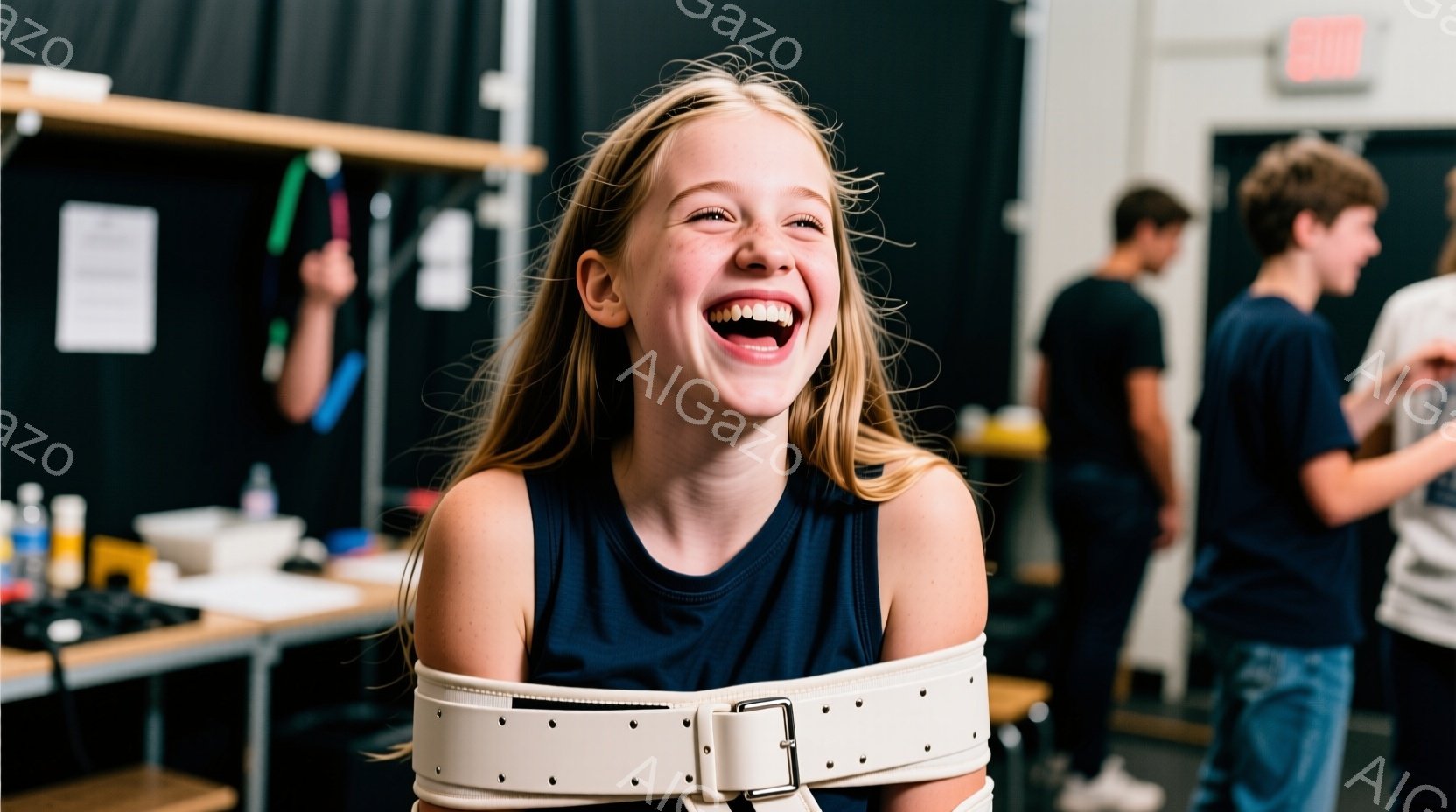 明るい茶髪の少女が、肩に白いベルトを巻き付けられて笑っています。彼女は濃い青色のタンクトップを着ており、表情は非常に明るく、楽しそうです。背景には他の少年たちがぼんやりと見え、おそらく舞台裏のような場所で撮影されたようです。