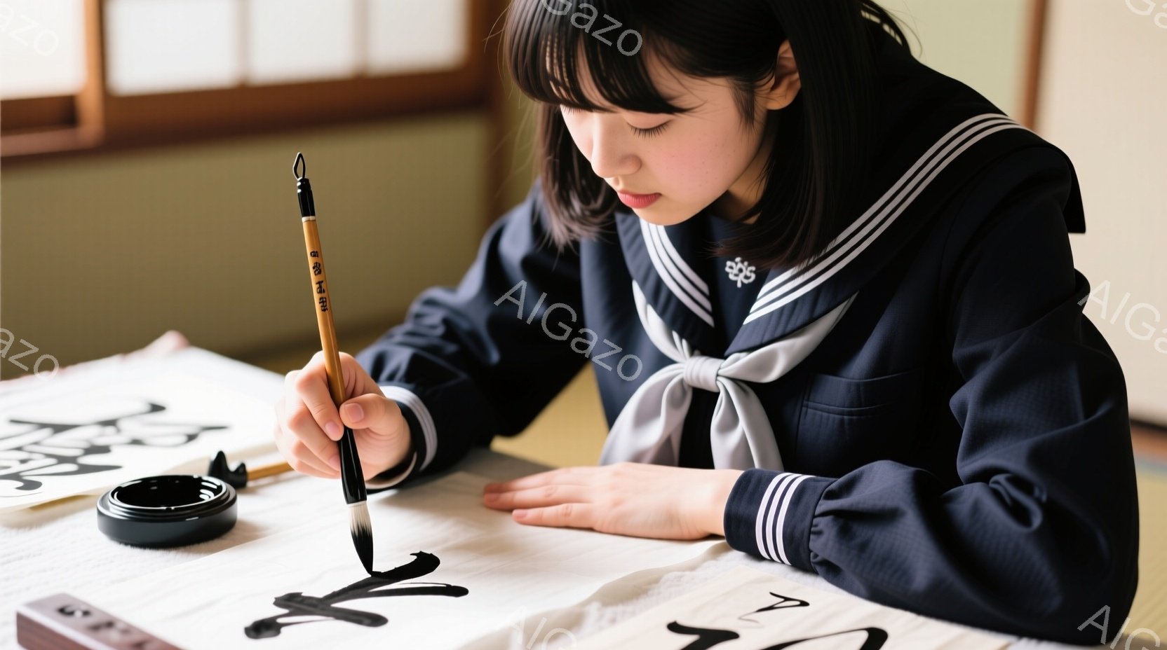 紺色のセーラー服を着た少女が、書道に取り組んでいます。彼女は集中した表情で筆を握り、白い巻物に文字を書き込んでいます。背景には、墨汁と筆架が見え、日本の伝統的な雰囲気が漂っています。 - AI生成フリー素材