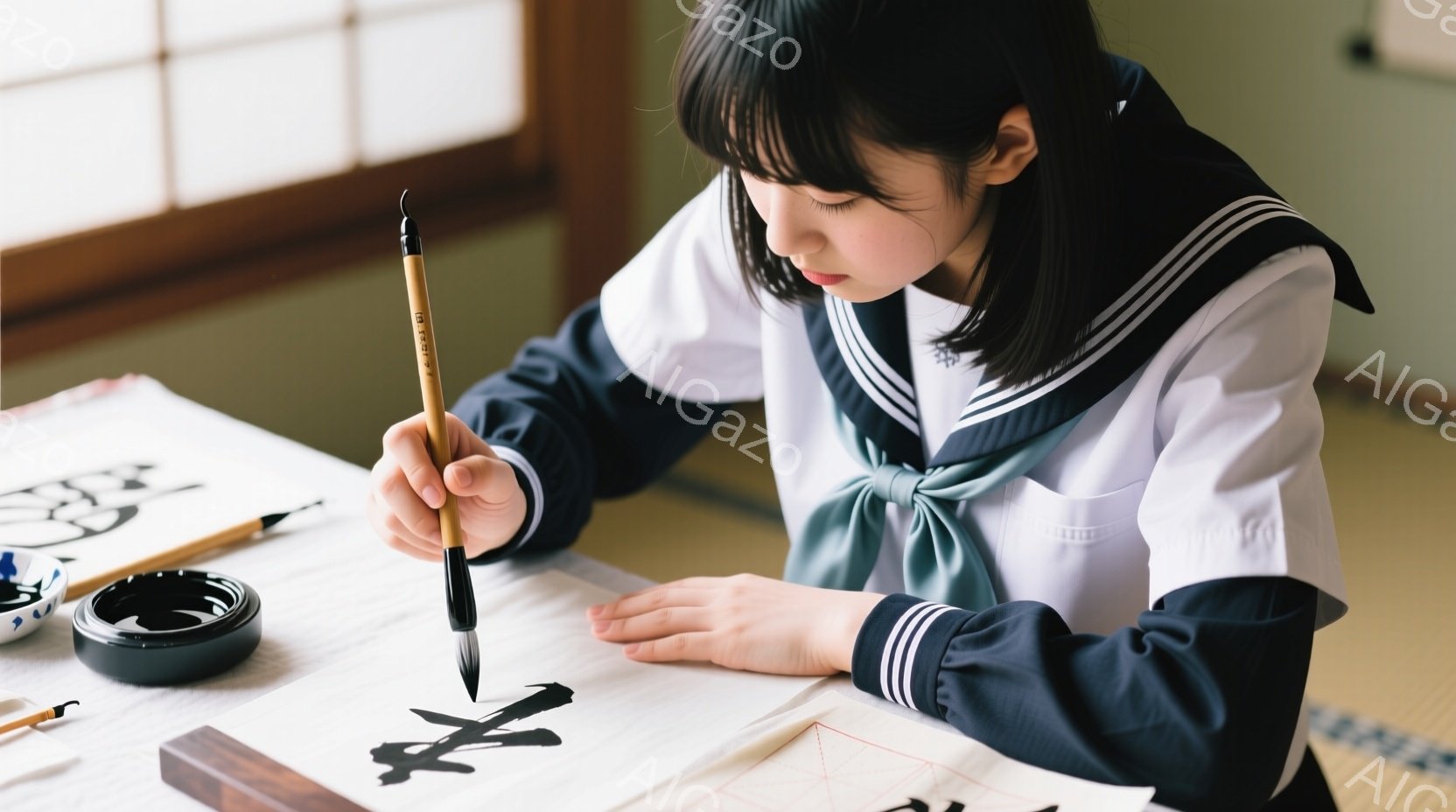 少女はセーラー服を着て、書道に取り組んでいます。彼女は集中した表情で筆を握り、半紙に向かっています。背景には畳の部屋と窓が見え、落ち着いた、伝統的な雰囲気です。 - AI生成フリー素材