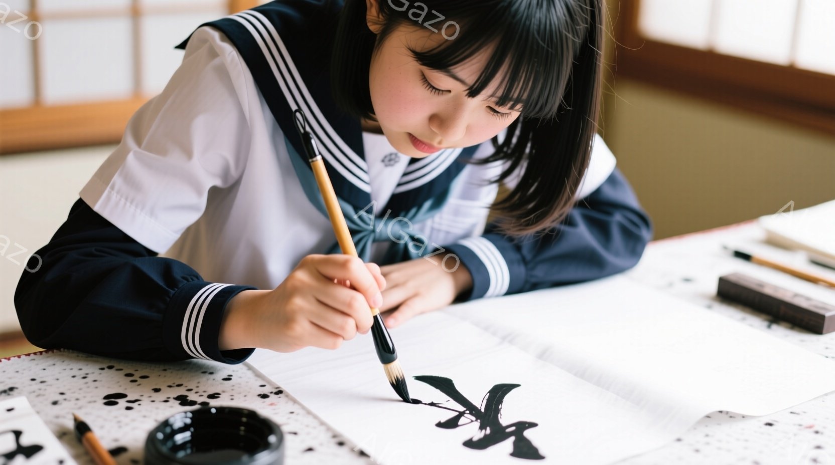 制服を着た若い女性が書道に集中している様子が写っている。彼女は紺色のブレザーと白いシャツを着ており、髪は短く整えられ、前髪が目にかかっている。集中した表情で筆を握り、白い紙に墨で漢字を書き進めている。