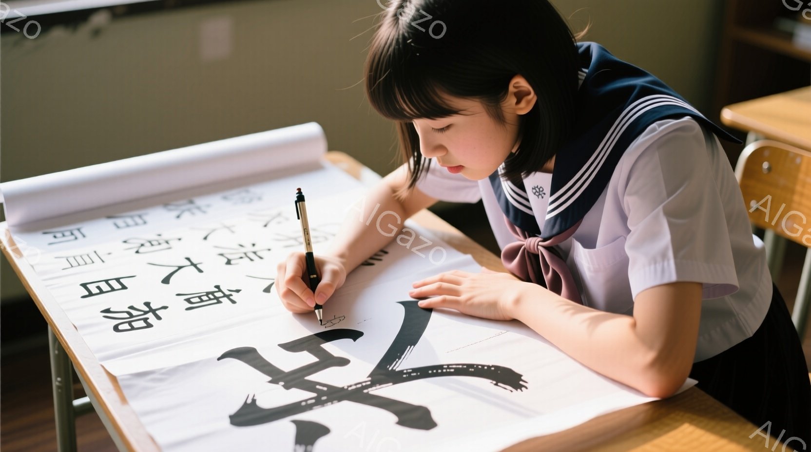 少女は制服を着て、書道に取り組んでいます。彼女は黒髪を肩まで伸ばし、集中した表情で筆を動かしています。背景には木製の机と椅子があり、書道用紙には墨で書かれた漢字が並んでいます。