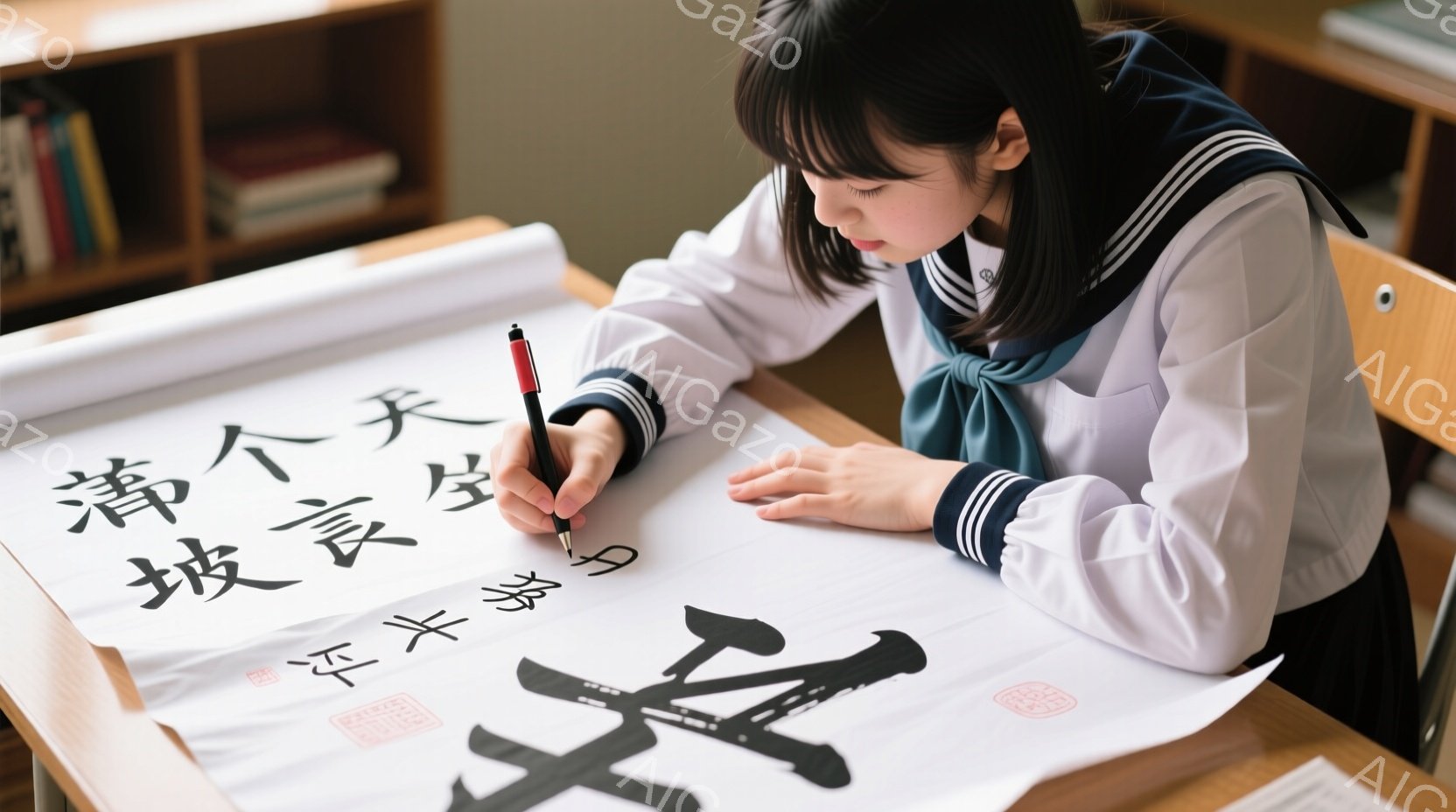 少女はセーラー服を着て、白い大きな紙に筆で文字を書いています。彼女は集中した表情で、右手を巧みに動かし、書道の練習をしているようです。背景には本棚が見え、部屋は明るく、穏やかな雰囲気です。 - AI生成フリー素材