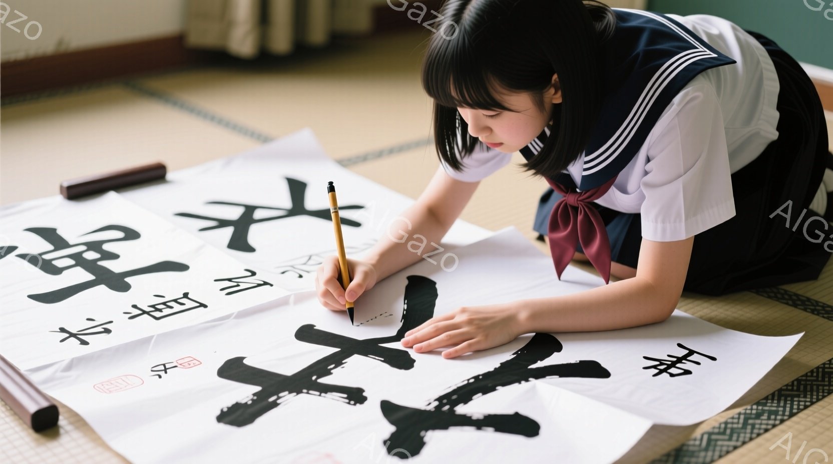 少女は畳の上に座り、大きな白い紙に書道で文字を書いています。彼女は紺色のリボンとブレザーを着た制服姿で、黒髪の長い髪をしています。集中した表情で筆を操り、書道の練習に励んでいる様子がうかがえます。 - AI生成フリー素材