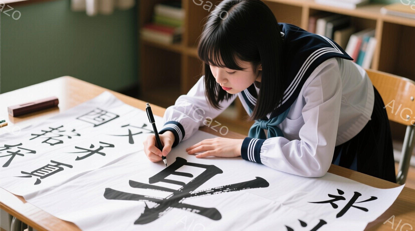 紺色のセーラー服を着た少女が、白い大きな紙に筆で書道を練習しています。彼女は黒髪で、前髪が目を少し隠し、集中した表情で筆を動かしています。背景には木製の机と本棚があり、教室のような落ち着いた雰囲気です - AI生成フリー素材