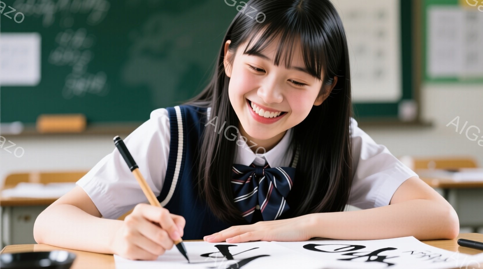 制服を着た若い女性が、漢字の練習をしている様子が写っています。彼女は黒髪で、明るい笑顔を浮かべ、集中して筆で文字を書き進めています。背景には教室の机と黒板が見え、学習に励む温かい雰囲気が漂っています。 - AI生成フリー素材