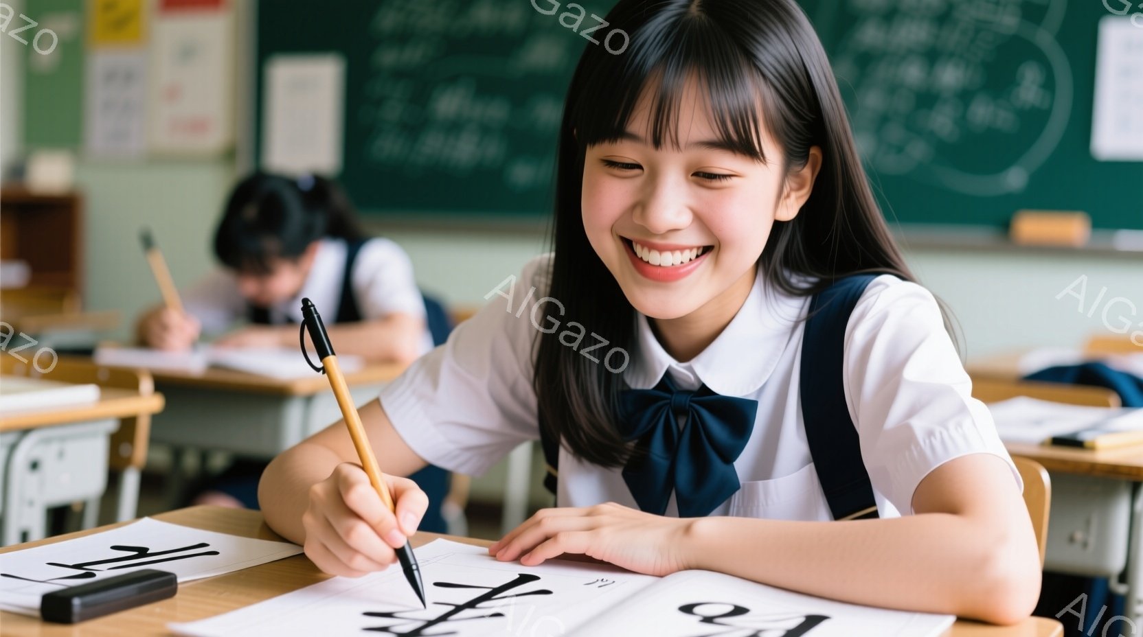 制服を着た若い女性が、明るい笑顔で授業に取り組んでいます。彼女は、黒いリボンと白いシャツ、セーラー服を着ており、黒いペンを手に漢字の練習をしています。教室には他の生徒もおり、黒板には文字が書かれていま - AI生成フリー素材
