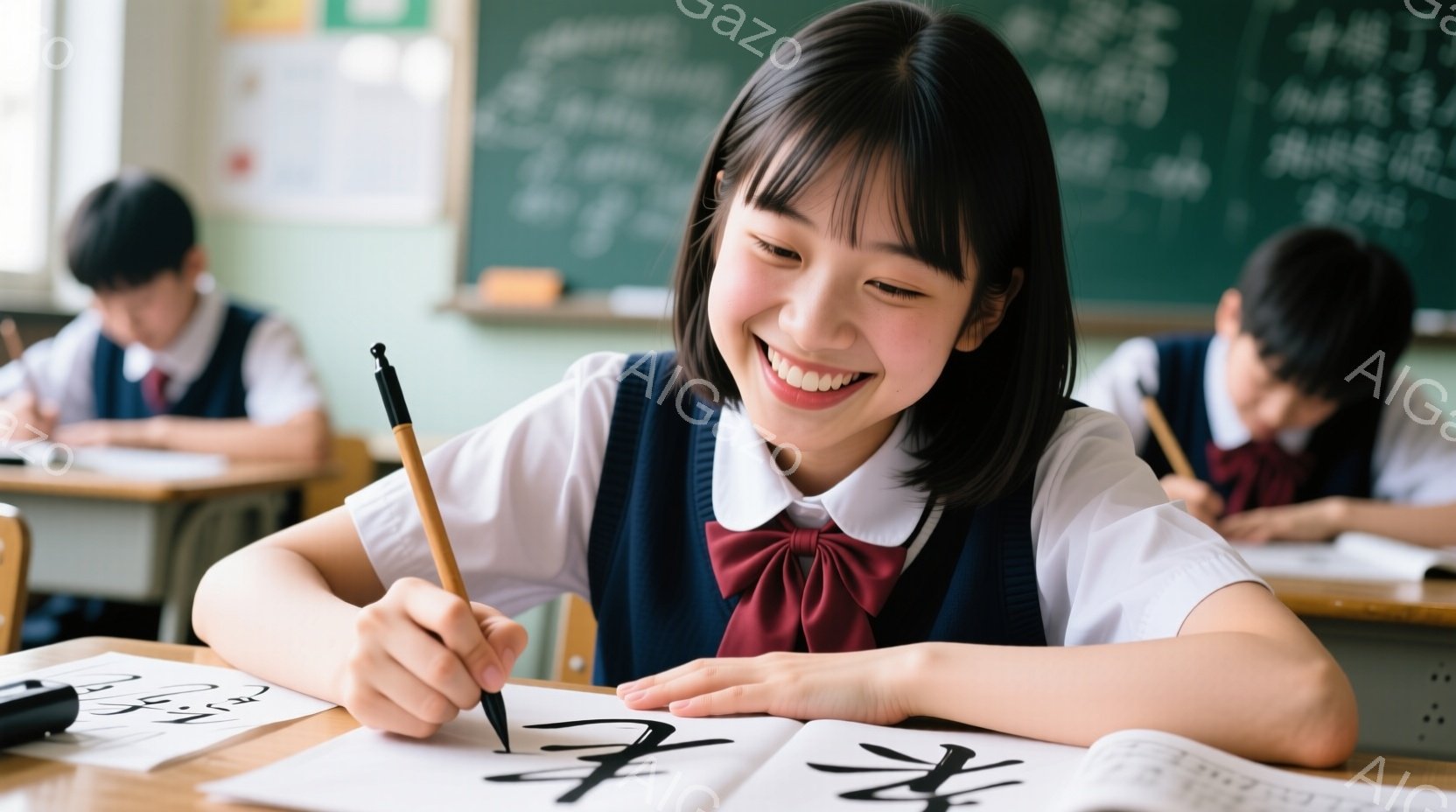 少女は制服を着て、笑顔で書道をしています。彼女は黒いリボンとセーターベストを着ており、明るい表情で筆を手にしています。背景には他の生徒と黒板が見え、学校の教室という雰囲気です。 - AI生成フリー素材