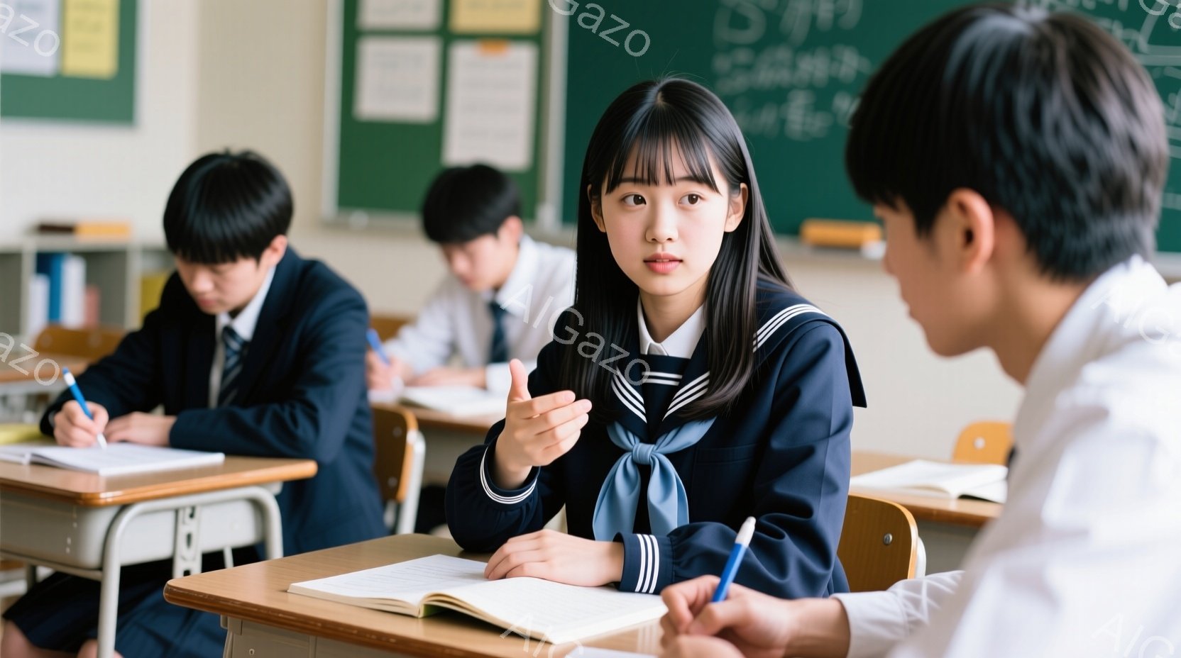 制服を着た女子生徒が、机に向かい、片手を挙げて何かを説明している様子が写っている。彼女は茶色の前髪を分け、制服のネクタイは水色で、真剣な表情をしている。教室の背景には他の生徒たちが机に向かい、授業を受けている様子が見え、全体的に学習に集中した活気ある雰囲気が漂っている。