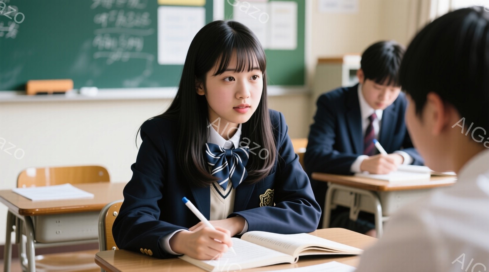 女子は紺色のブレザーに水色のネクタイ、ベージュのシャツを着ており、黒髪のショートボブヘアに、少し微笑んでいる表情をしています。彼女は机に向かって座り、開いたノートにペンで何か書き込んでいます。教室の背 - AI生成フリー素材