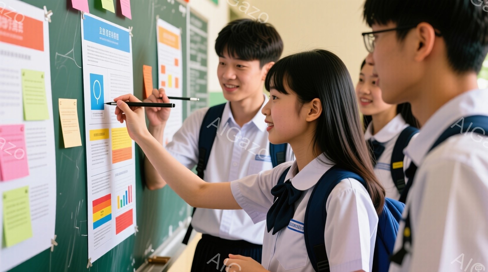 制服を着た女子高生が、壁に貼られたポスターを指し示している様子が写っている。彼女は長い黒髪で、集中した表情でポスターの内容を説明しているようだ。背景には他の制服姿の生徒たちがおり、壁にはカラフルな付箋やポスターが貼られ、学校の活気ある雰囲気が伝わってくる。