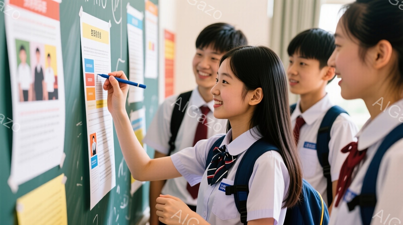 学生たちが廊下の掲示板を見ています。制服を着た女子生徒がペンを持って、掲示板上のポスターを指しています。彼女は微笑んでおり、他の生徒たちも興味深そうに見ています。