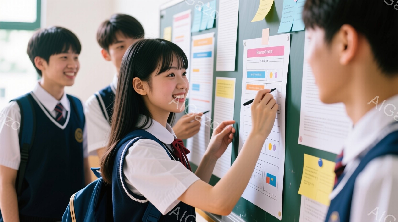 制服を着た女子生徒が、掲示板に付箋を貼り付けている様子が写っています。彼女は黒髪で、笑顔を見せながら片手を伸ばして付箋を貼っています。背景には、同じ制服を着た男子生徒たちがいて、明るく学習的な雰囲気が漂っています。
