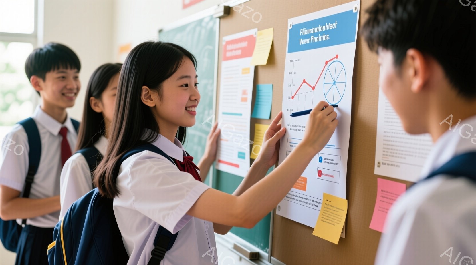 制服を着た女子生徒が、廊下の掲示板に貼られたポスターを指し示しています。彼女は明るい笑顔で、髪を後ろで束ねています。背景には他の生徒がおり、校舎の廊下の様子が伺えます。