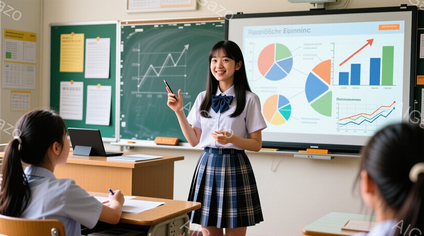 制服姿の女子学生が教室でプレゼンテーションをしている様子が写っている。彼女は明るい笑顔で片手を挙げて説明しており、背景にはグラフが描かれたスクリーンがある。教室には他の生徒たちもおり、机に向かって授業 - AI生成フリー素材