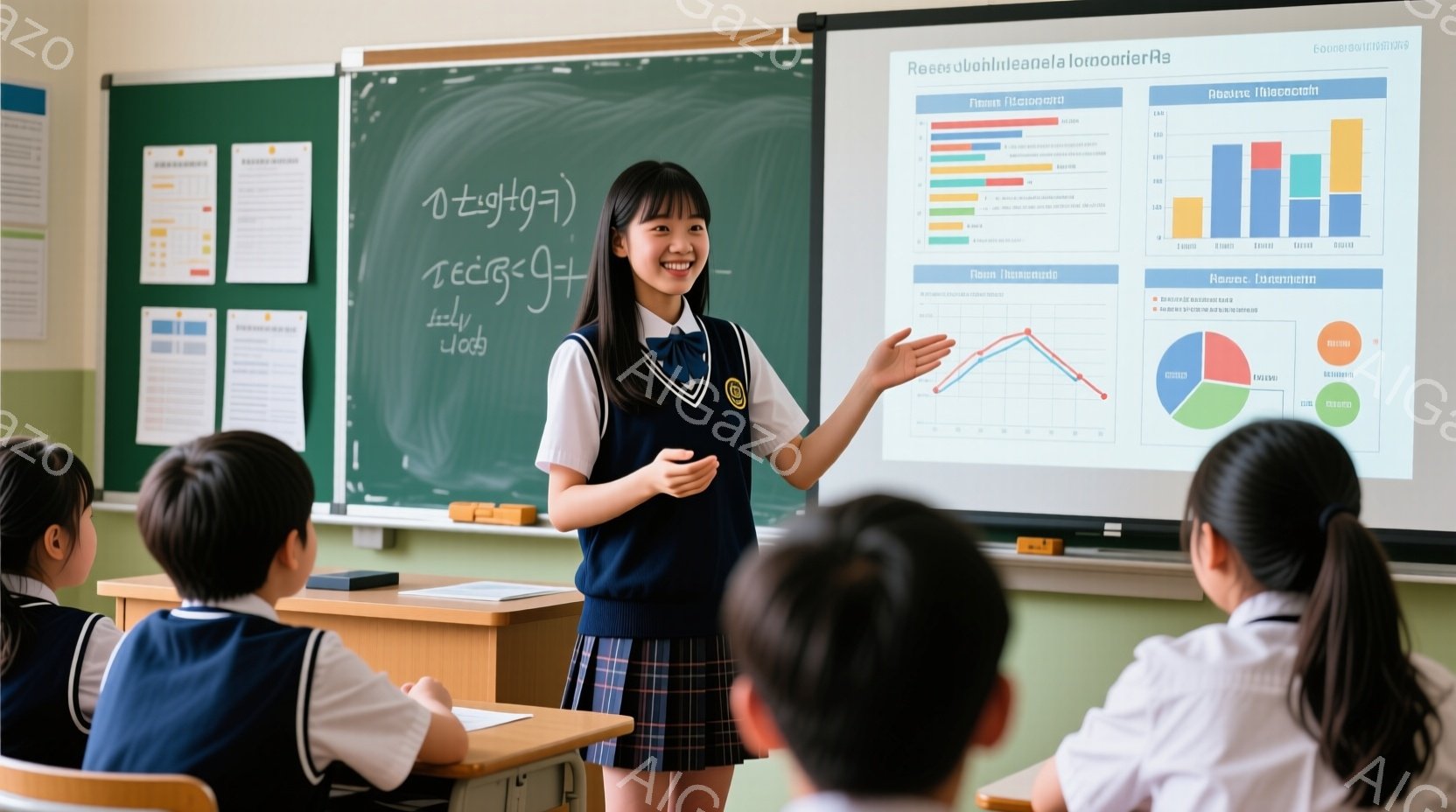 明るい教室で、女子学生がプレゼンテーションを行っています。彼女は紺色のブレザーにチェックのスカート、白いシャツ姿で、笑顔で手を広げて説明しています。背景には黒板とグラフが表示されたスクリーンがあり、数 - AI生成フリー素材