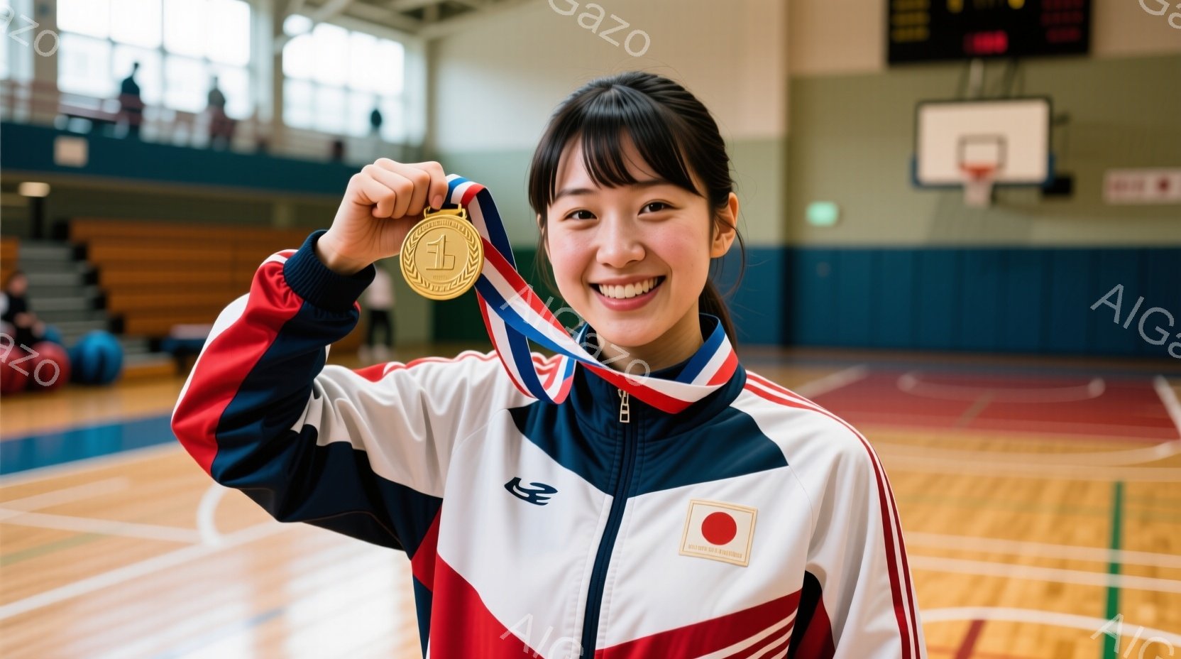 若い女性が体育館で金メダルを手に笑顔で立っている。彼女は赤、白、青のトリコロールカラーのジャケットを着ており、髪は前髪を出し、後ろでポニーテールに結んでいる。背景にはバスケットボールのゴールや観客席が - AI生成フリー素材