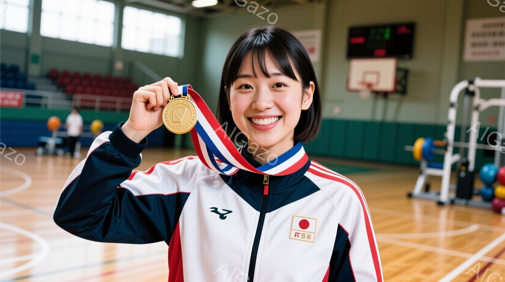 メダルを首から下げた若い女性が写っています。彼女は赤いラインが入った白いトラックジャケットを着ており、髪は肩までの長さで、前髪が少しあります。笑顔でカメラに向かっており、背景には体育館らしき場所があり、バスケットボールゴールや体操用具が見えます。