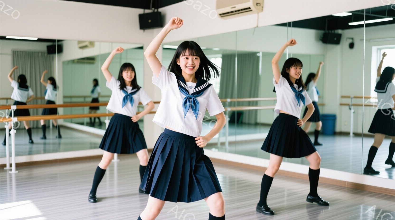 制服を着た若い女性がダンススタジオでポーズをとっています。彼女は白いブラウスと濃い青のプリーツスカート、黒い靴下、黒の靴を着用し、髪は長く、肩まで下りています。スタジオには大きな鏡があり、彼女の姿が複数反射しており、明るく開放的な雰囲気です。