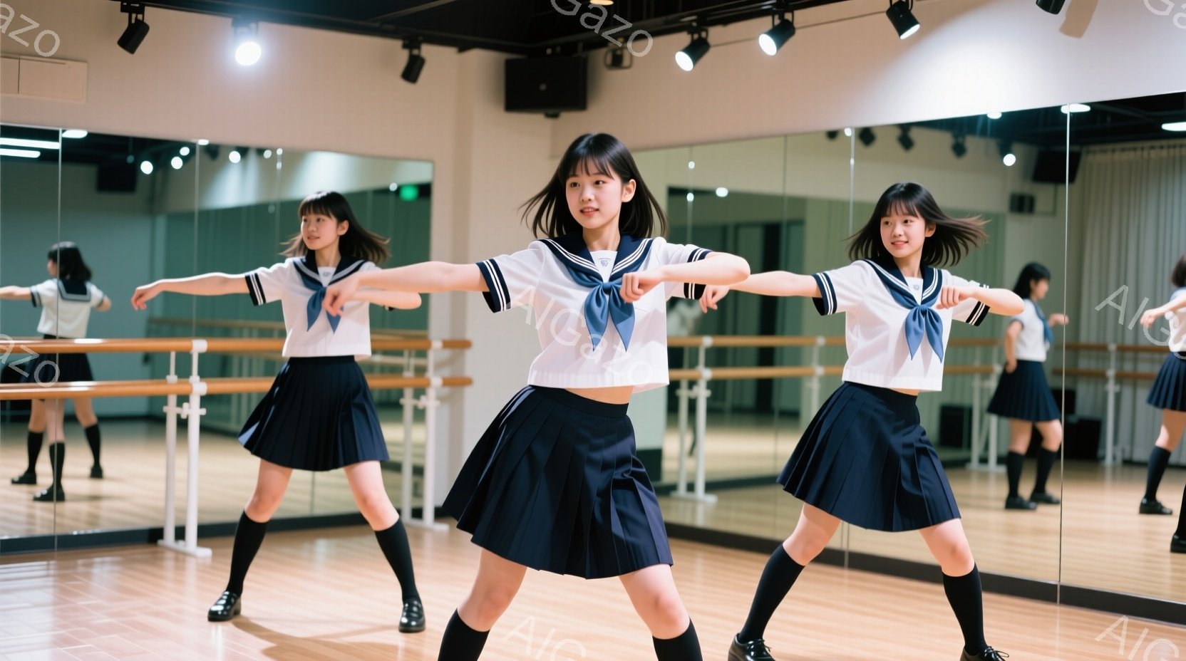 紺色のスカートと白いセーラー服を着た少女たちがダンススタジオで踊っている様子が写っています。彼女たちは両手を横に広げ、笑顔でポーズをとっており、黒い靴下と靴を履いています。スタジオは鏡張りの壁で囲まれ、天井にはスポットライトがあり、明るく活気のある雰囲気を醸し出しています。