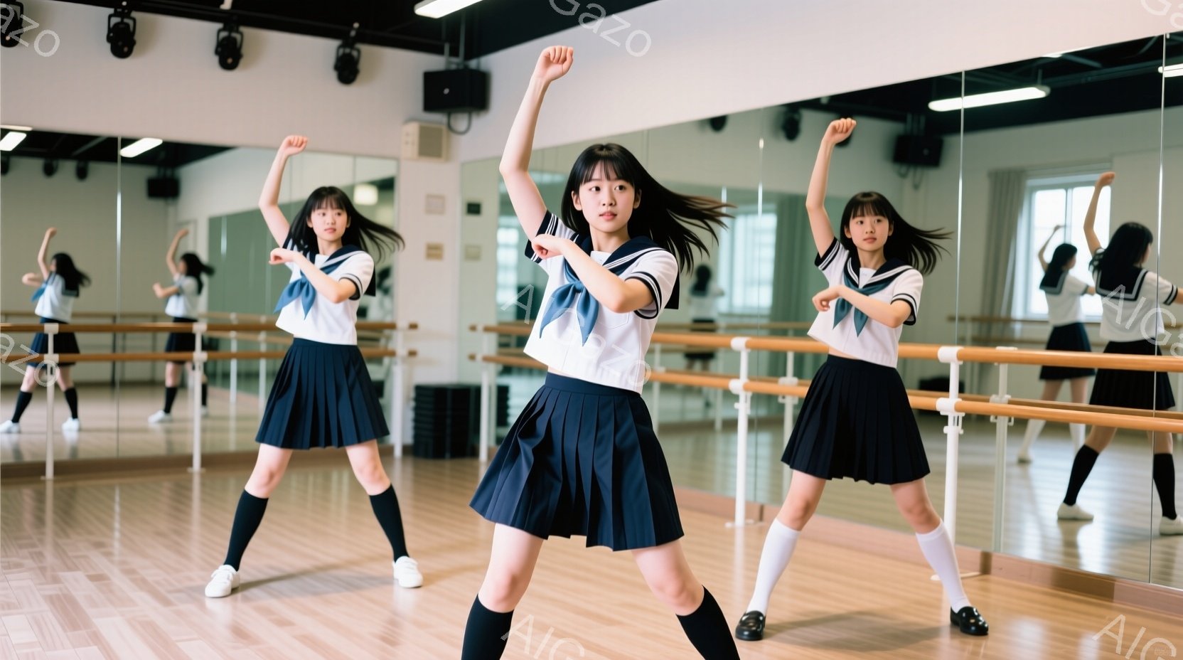 制服を着た少女がダンススタジオで踊っています。彼女は紺色のプリーツスカートと白いブラウス、赤いリボン、黒い靴下と靴を履いています。スタジオには鏡があり、彼女の姿が繰り返し映り込んでおり、集中した表情で - AI生成フリー素材